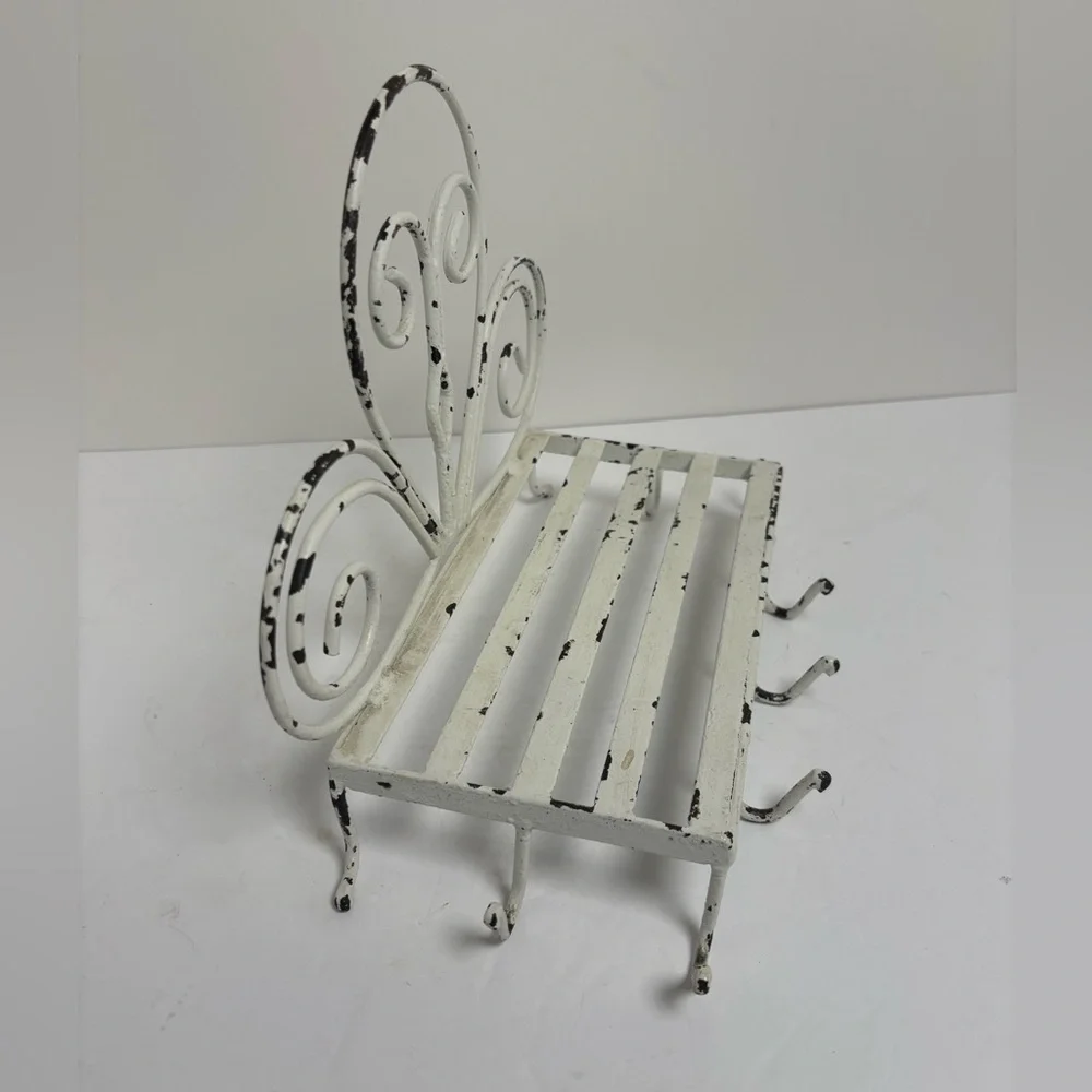 Vintage White Metal Wall Shelf With Cup Hooks